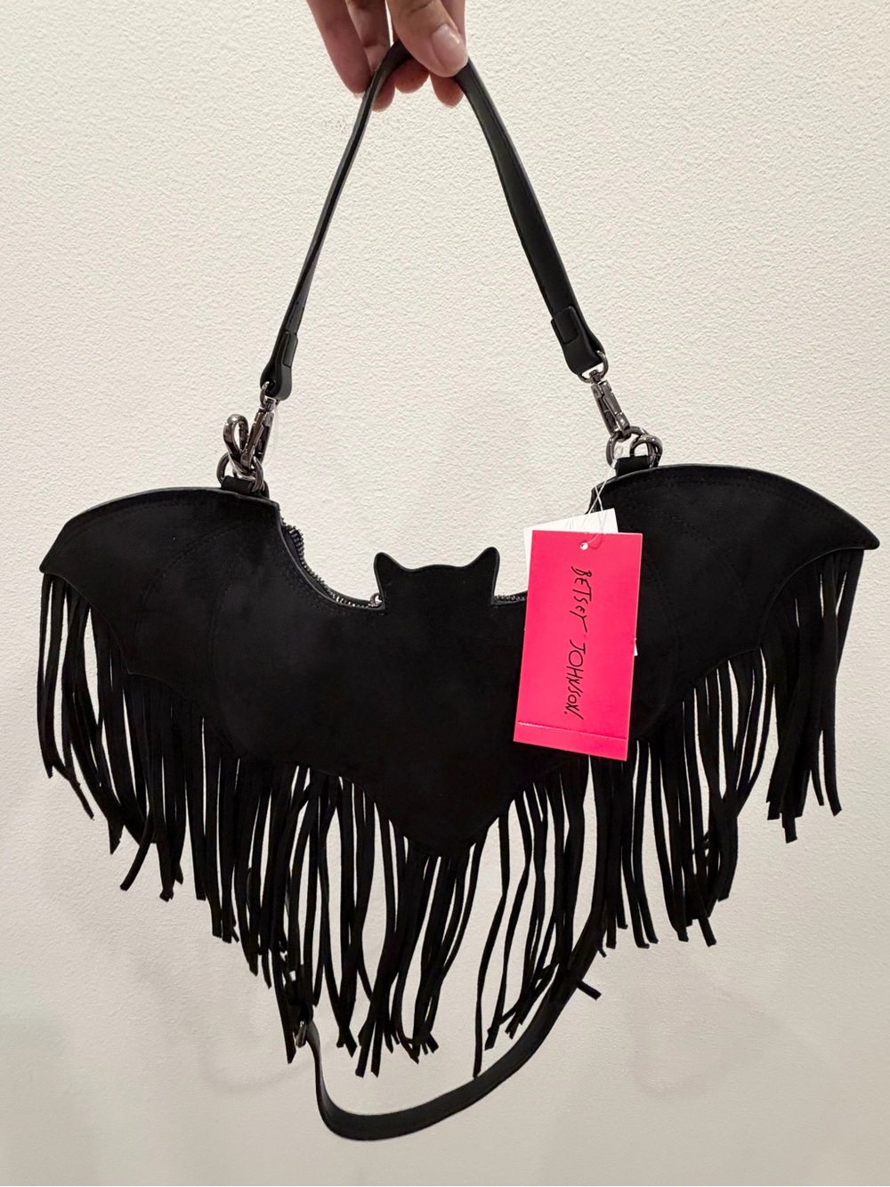 Betsey Johnson Black Fringed Bat in Faux Suede XOBLAIRE Convertible Bag - HTF